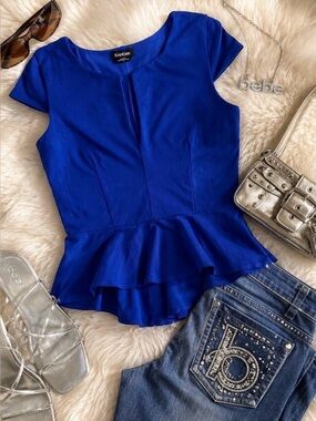 Vintage Y2K Bebe Cobalt Blue Peplum Going Out Top McBling Glam Size L Cap Sleeve